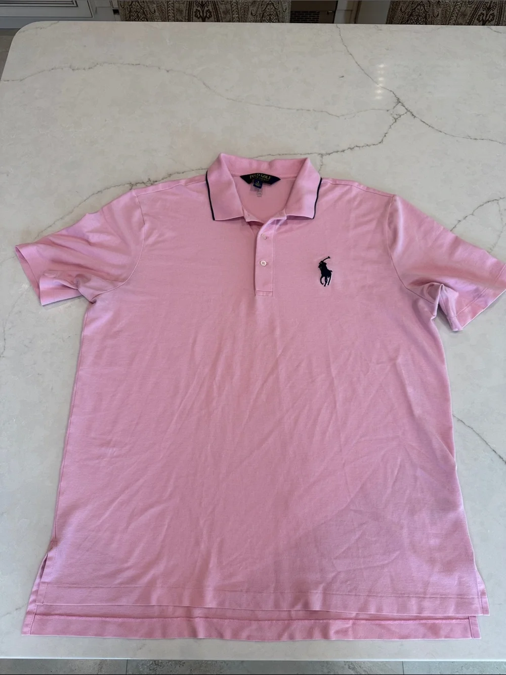 Ralph Lauren Pink Polo with Navy Pony and Collar Trim - Picture 1 of 8